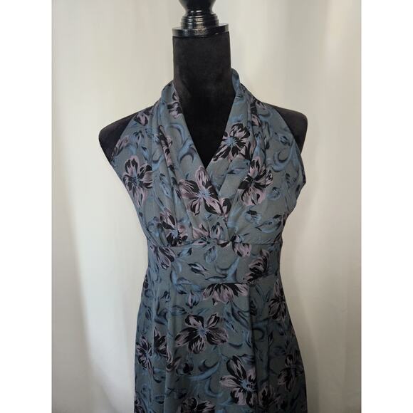 Vintage High Neck Sleeveless Dress Sheer Floral Maxi Blue Empire Waist XS 0/2 - Picture 2 of 8